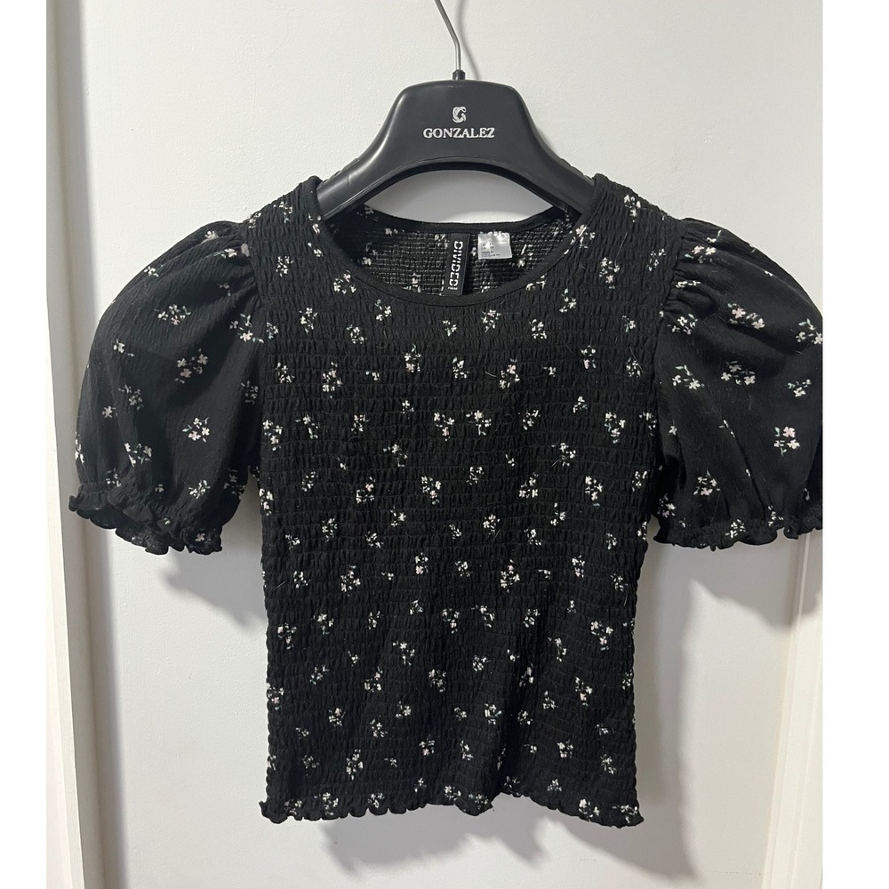 H&M Divided Black Floral Smocked Puff Sleeve Top XS Cottagecore Blouse
